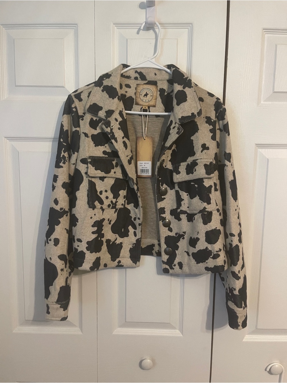 Cow-Spot Cropped Bomber Jacket - Black & Cream